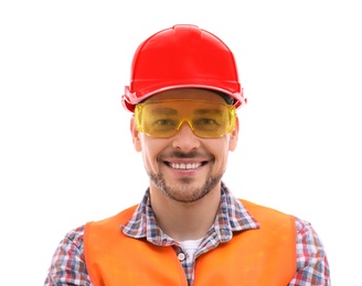 Male industrial engineer in uniform on white background. Safety equipment