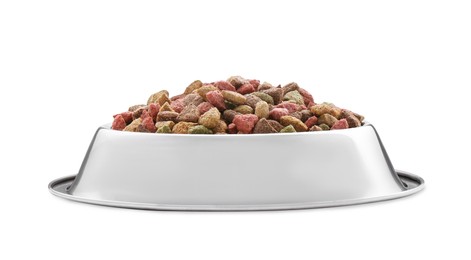 Photo of Dry food in pet bowl isolated on white
