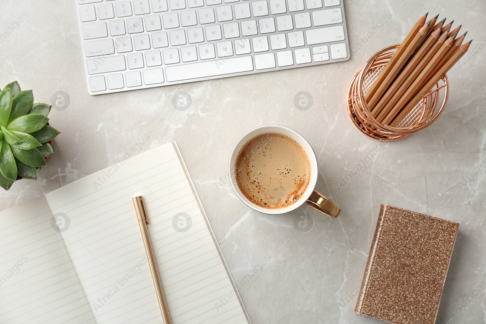 Photo of Creative flat lay composition with delicious hot coffee on table