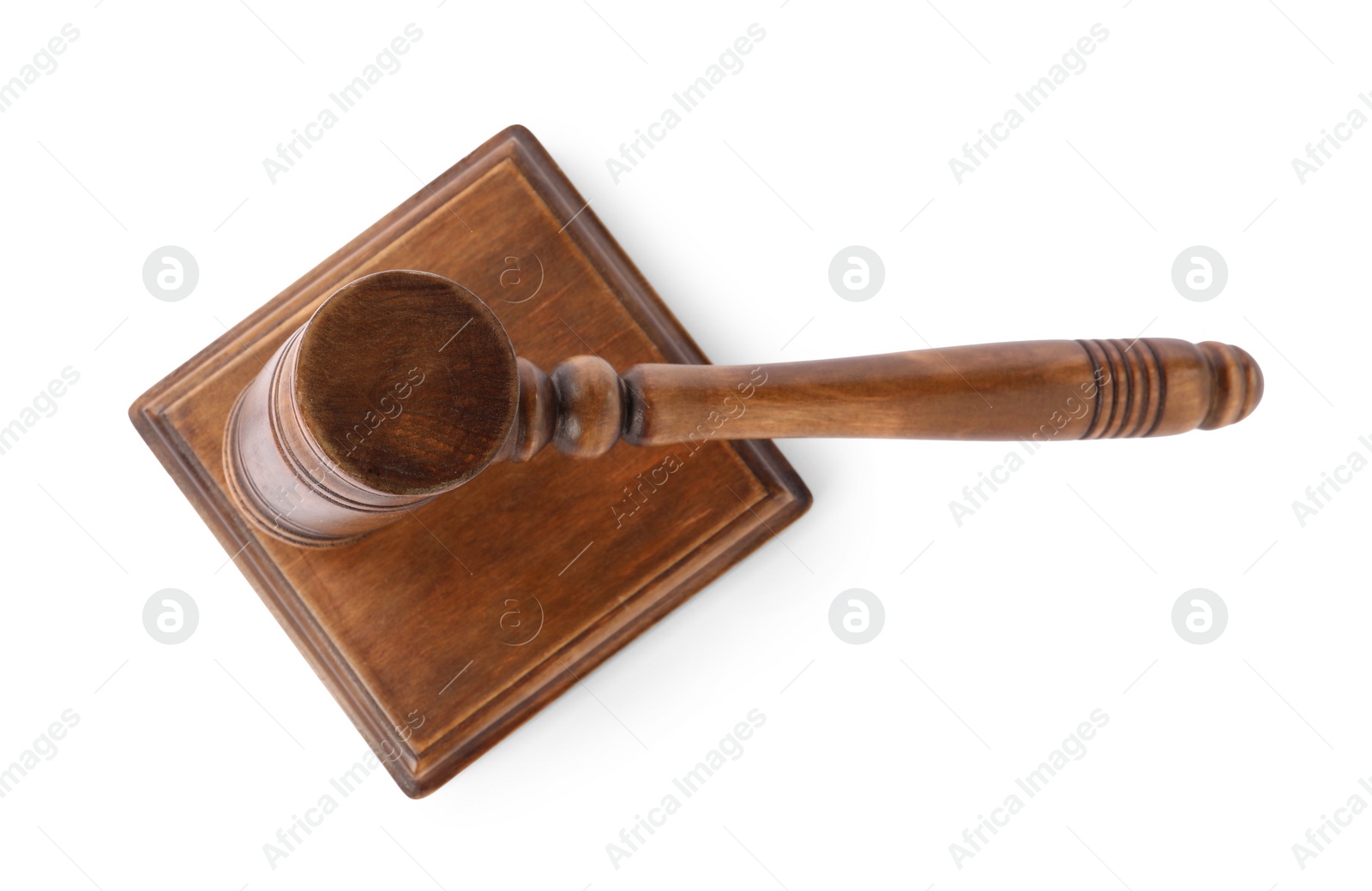 Photo of Wooden gavel isolated on white, top view. Small mallet