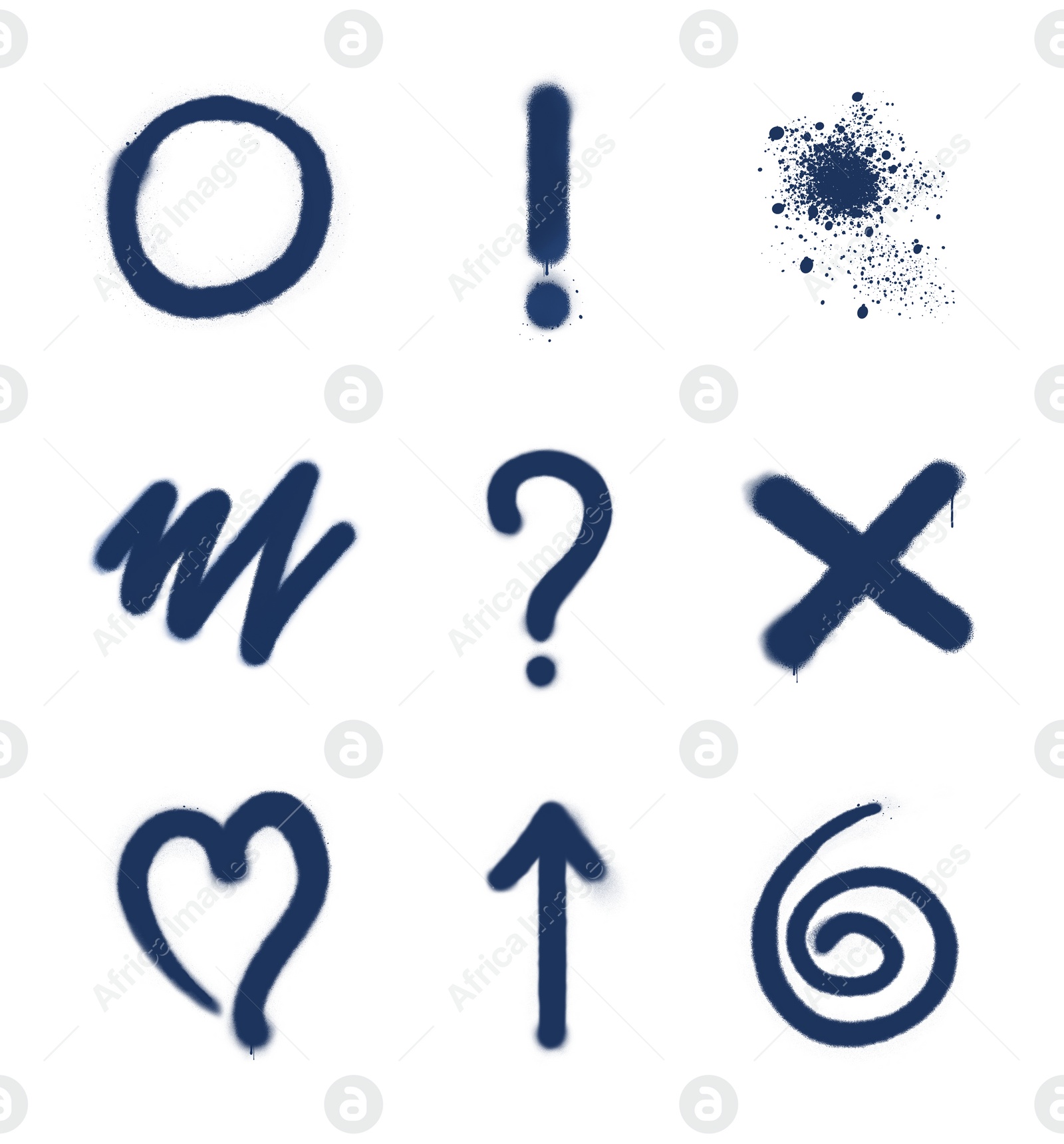 Illustration of Symbols drawn by blue spray paint on white background, collage