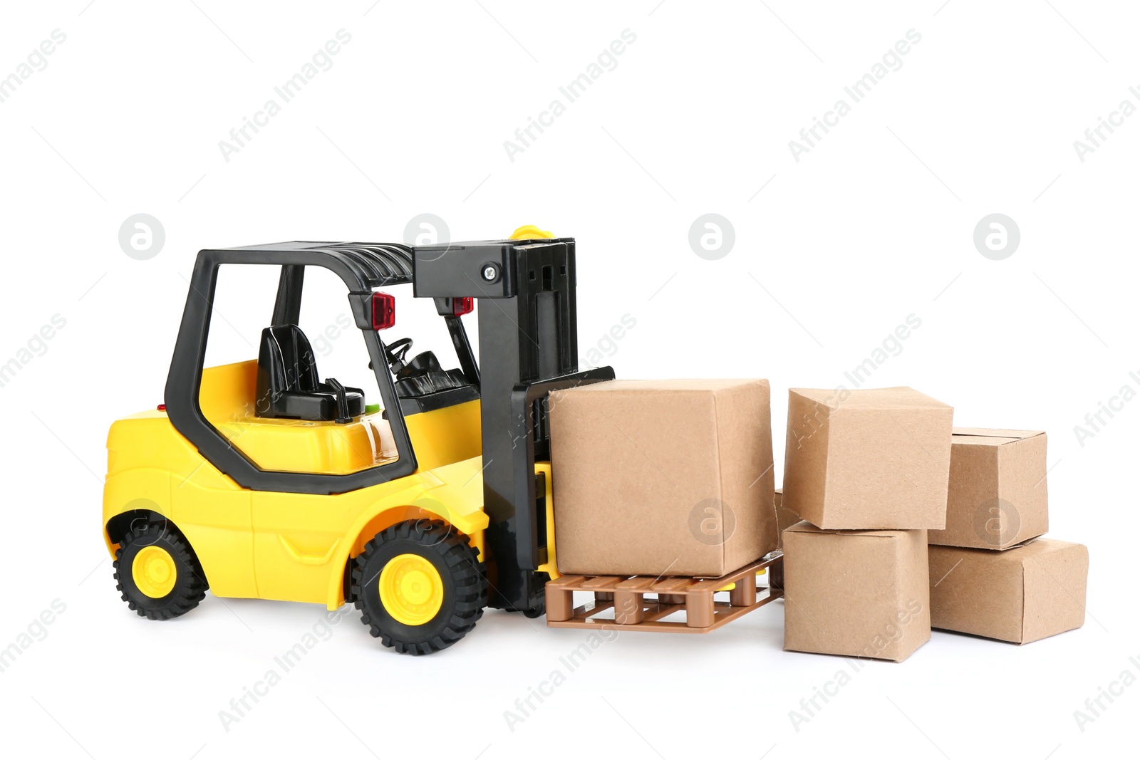 Photo of Forklift model and carton boxes on white background. Courier service
