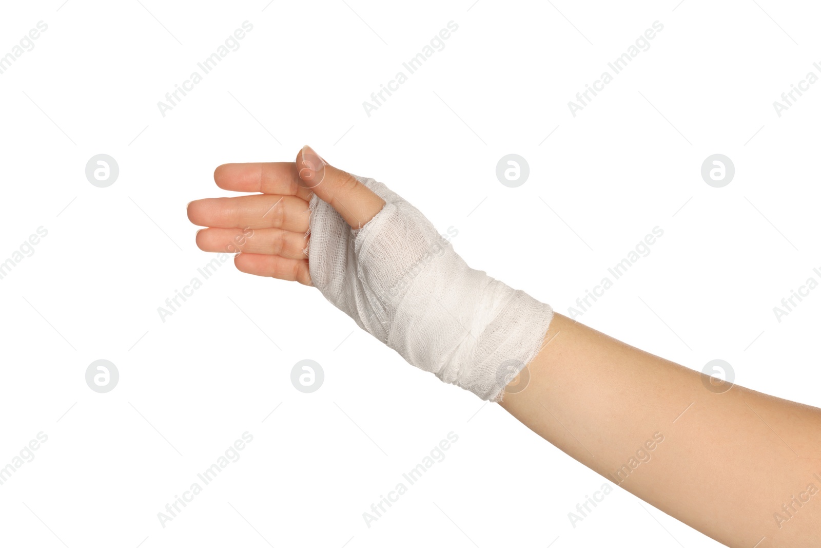 Photo of Woman with hand wrapped in medical bandage on white background, closeup