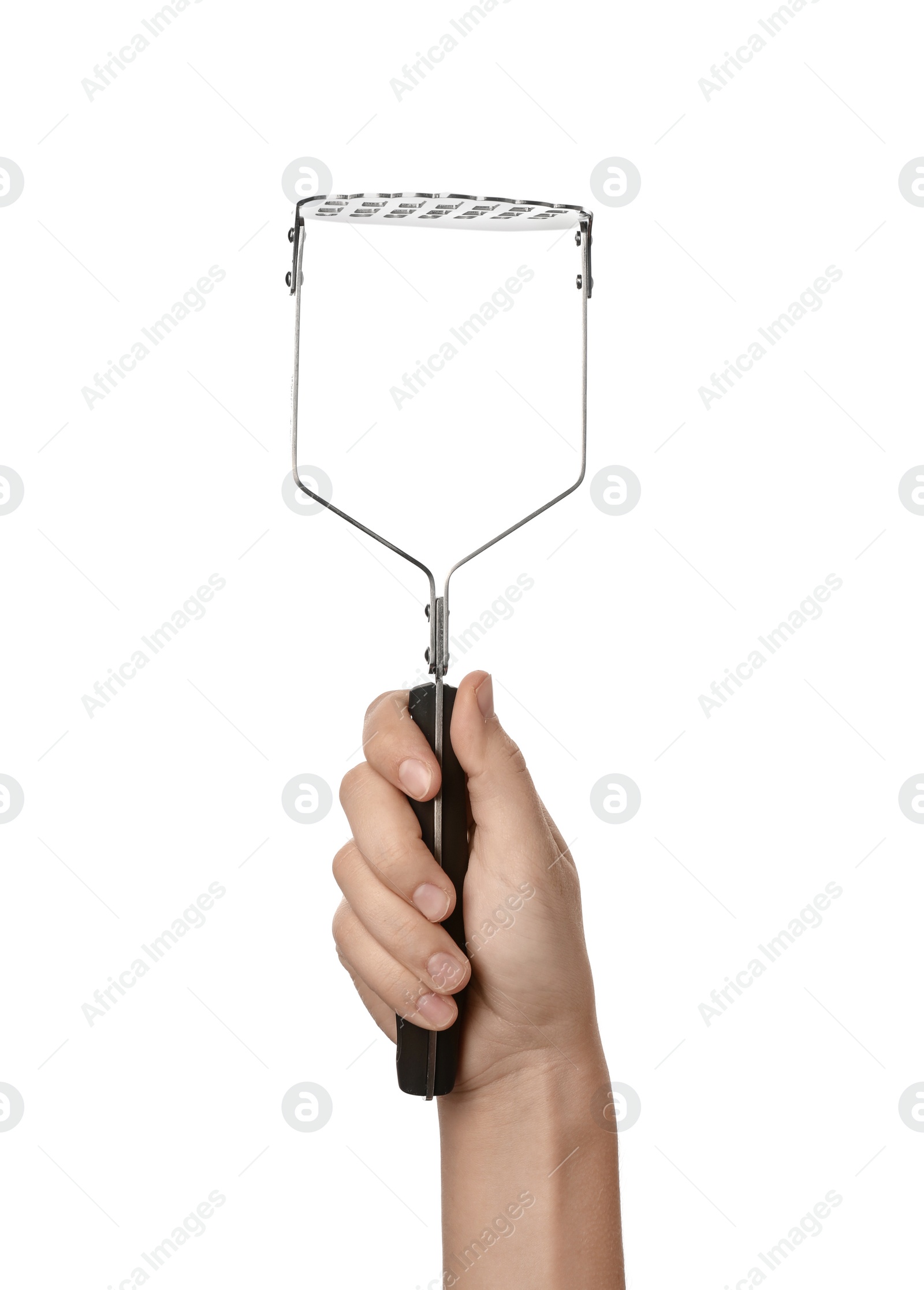 Photo of Woman holding potato masher on white background. Kitchen utensils