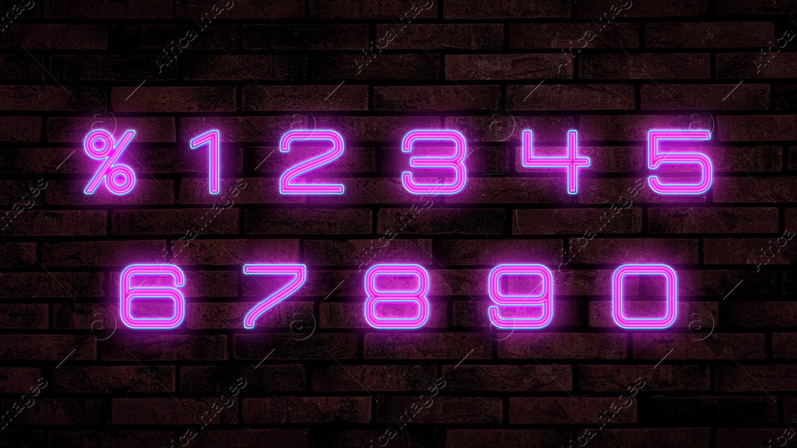 Image of Glowing neon number and percent signs on brick wall