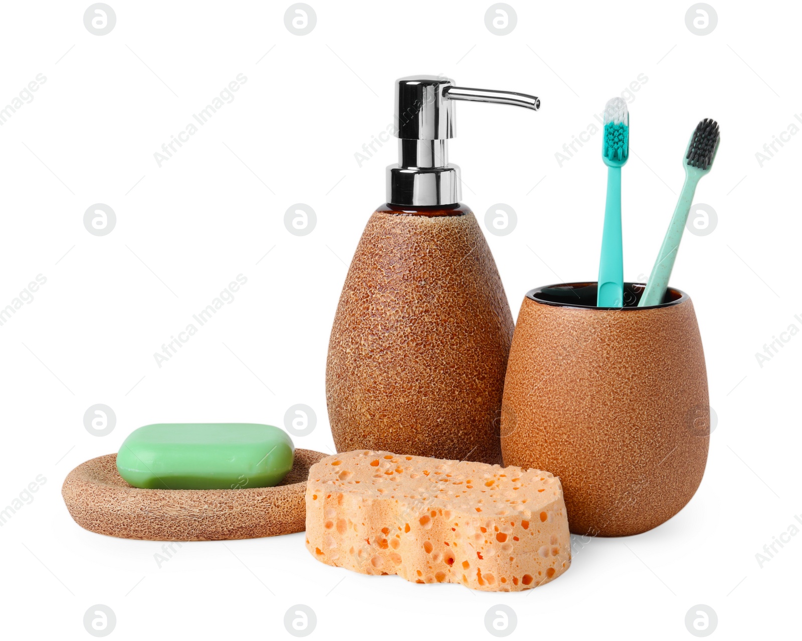 Photo of Bath accessories. Set of different personal care products isolated on white