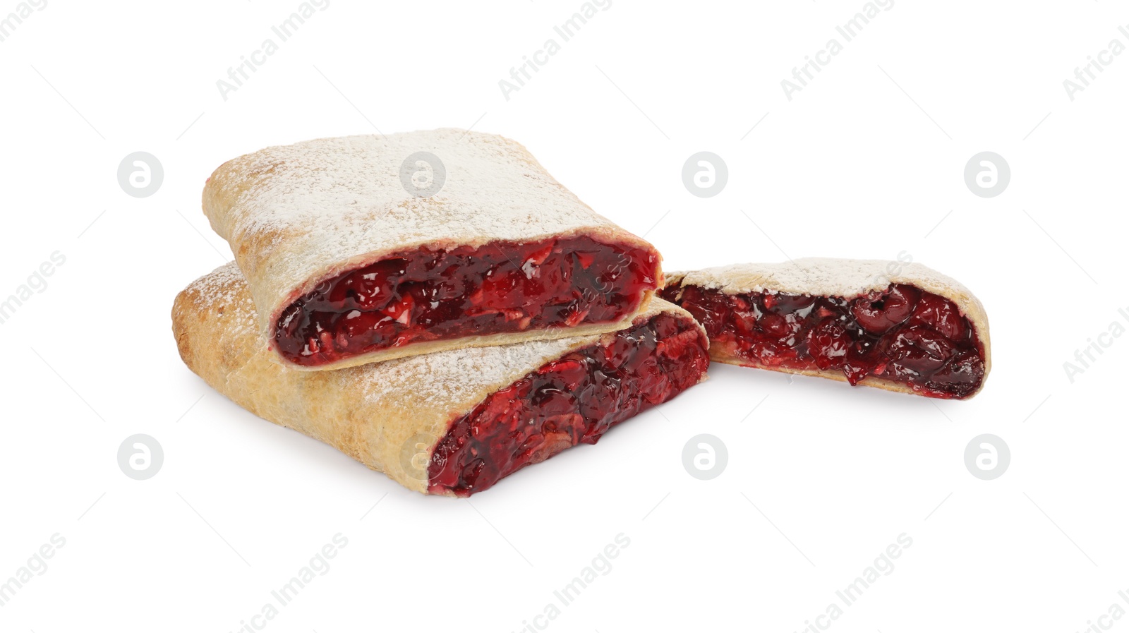 Photo of Delicious cut strudel with cherries isolated on white