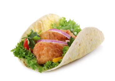 Photo of Yummy fish taco with onion isolated on white