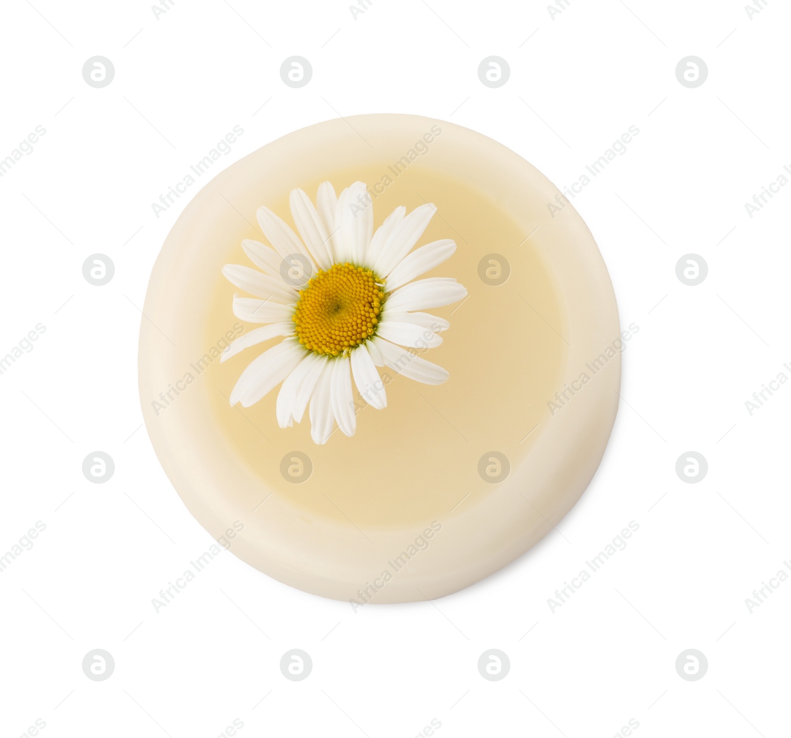 Photo of Solid shampoo bar and chamomile isolated on white, top view. Hair care