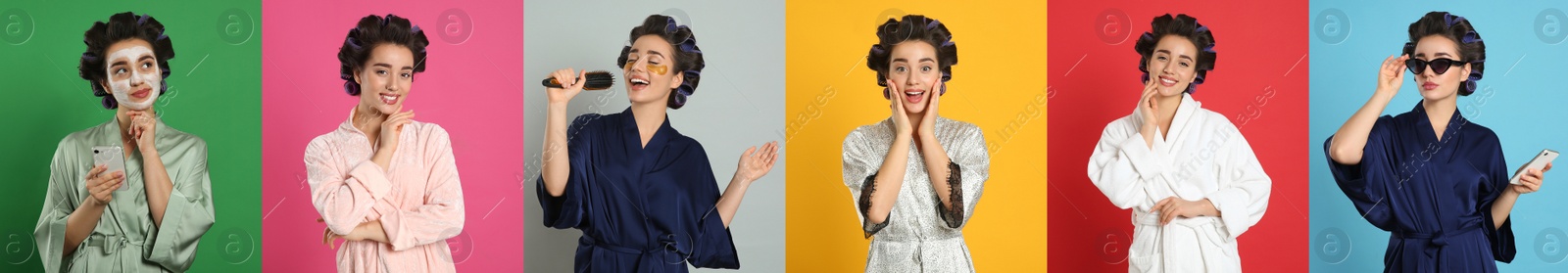 Image of Collage with photos of beautiful young woman wearing bathrobe with hair curlers on different color backgrounds. Banner design