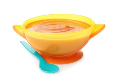 Photo of Tasty baby food in bowl and spoon isolated on white