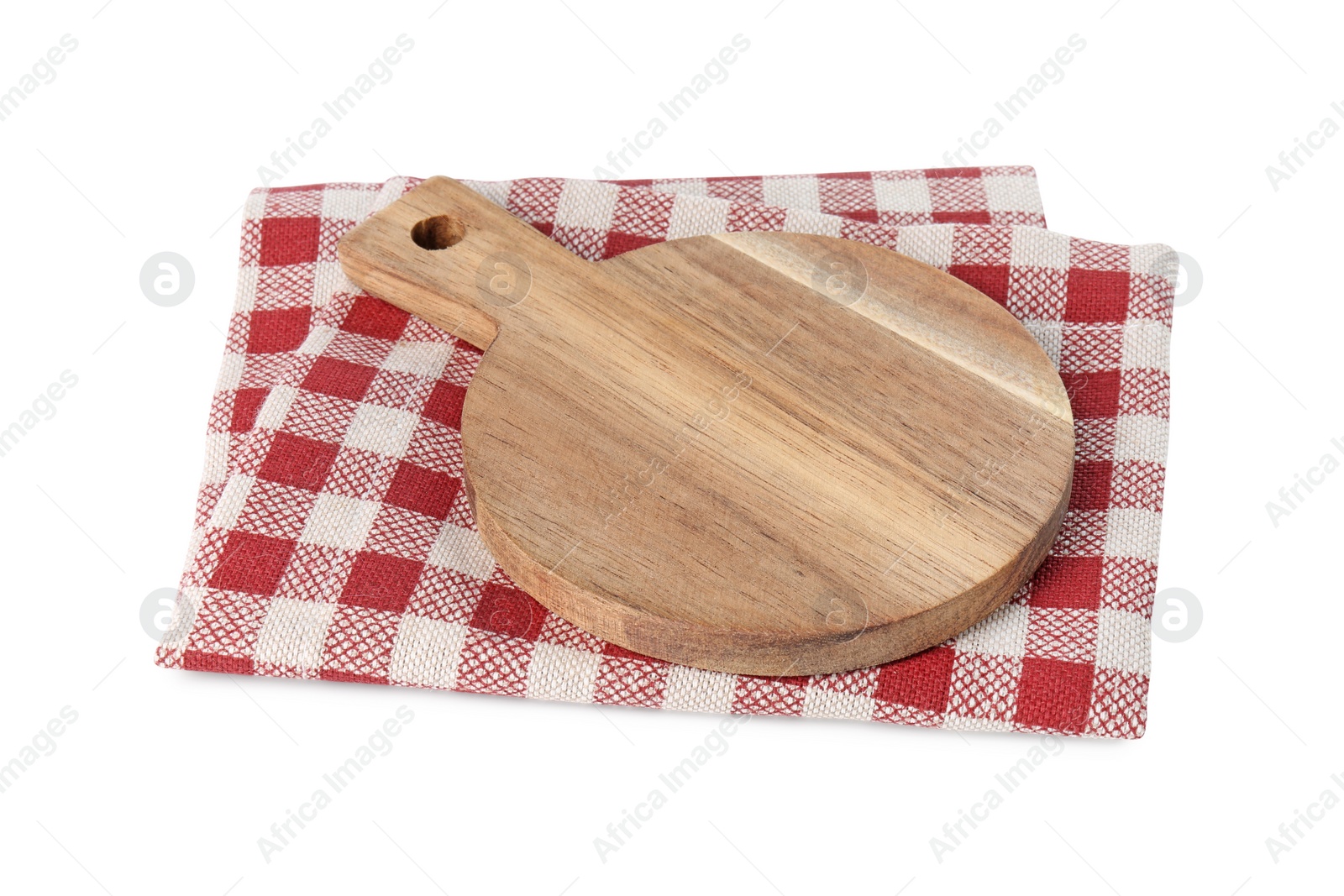 Photo of Wooden cutting board and checkered towel isolated on white