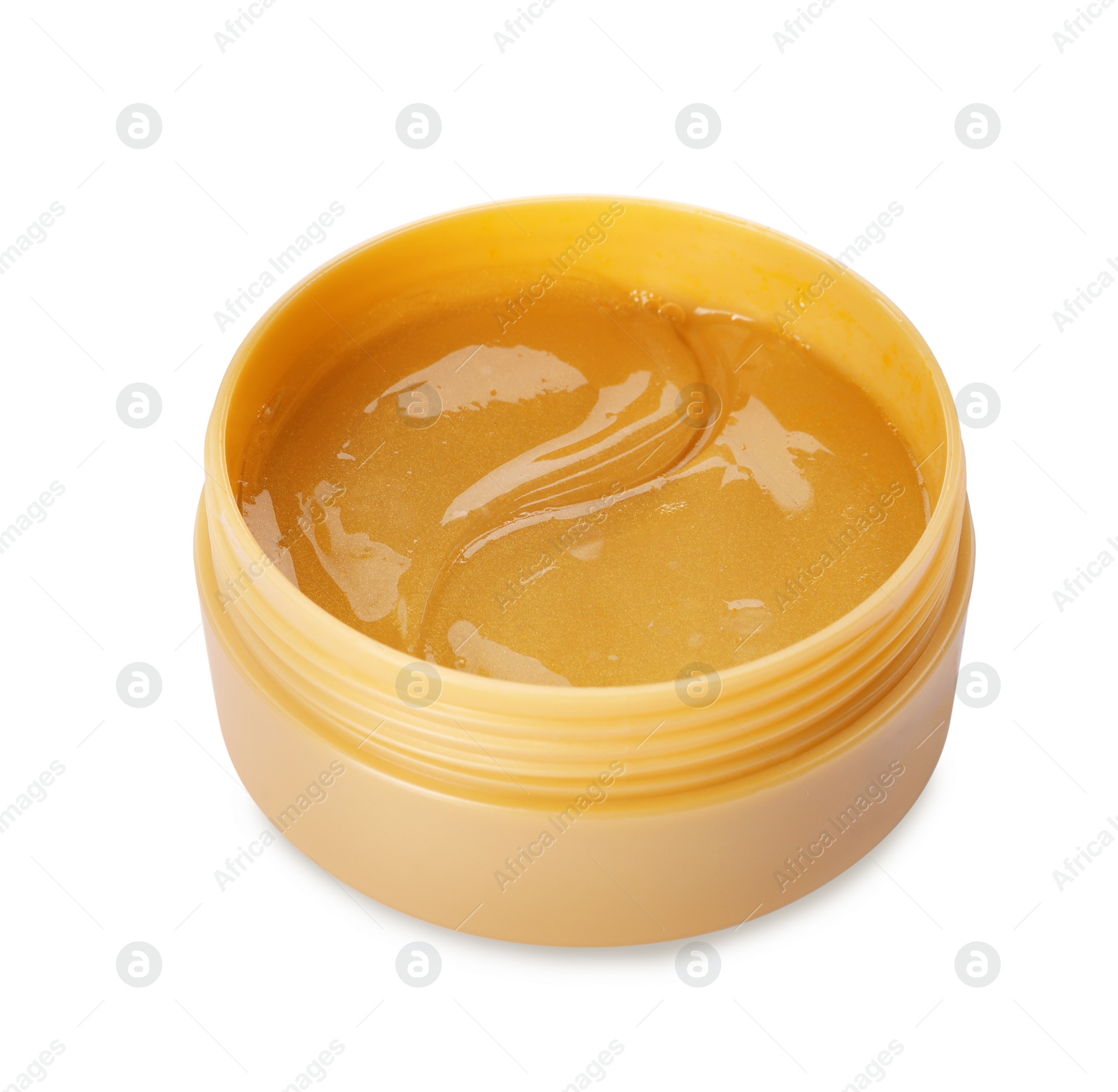 Photo of Under eye patches in jar isolated on white. Cosmetic product