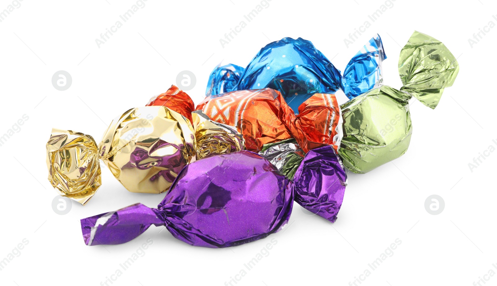 Photo of Sweet candies in colorful wrappers on white background