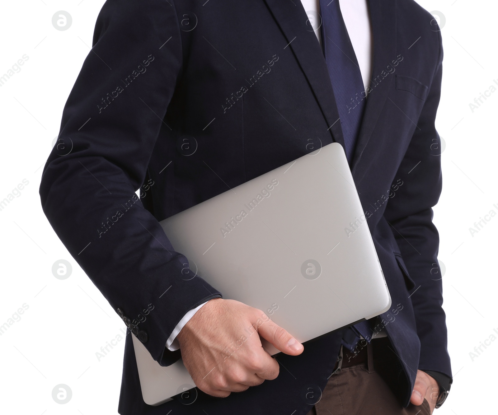 Photo of Young businessman with laptop on white background, closeup