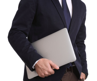 Young businessman with laptop on white background, closeup