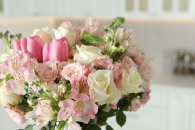 Photo of Beautiful bouquet of fresh flowers indoors, closeup