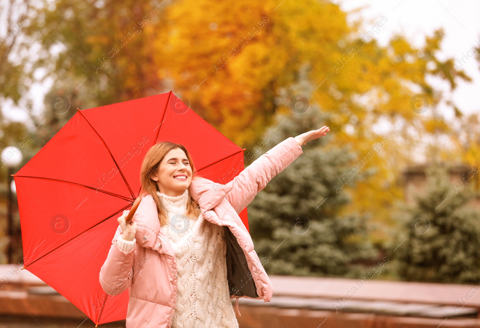 Photo of Woman with umbrella in autumn park on rainy day