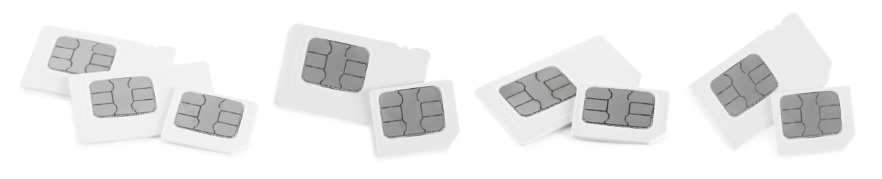 Image of Set with SIM cards on white background. Banner design