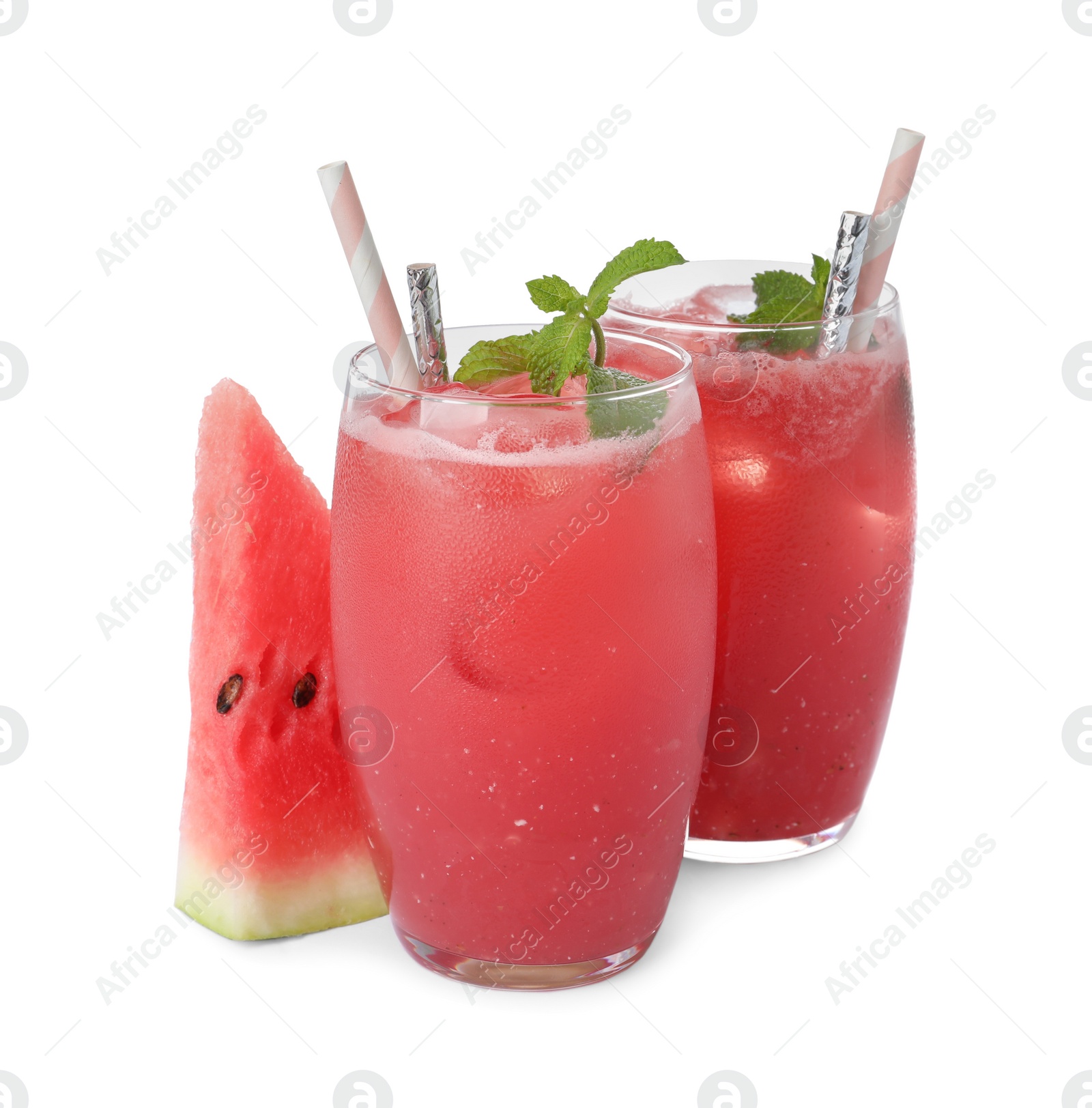 Photo of Tasty watermelon drink and fresh fruit on white background