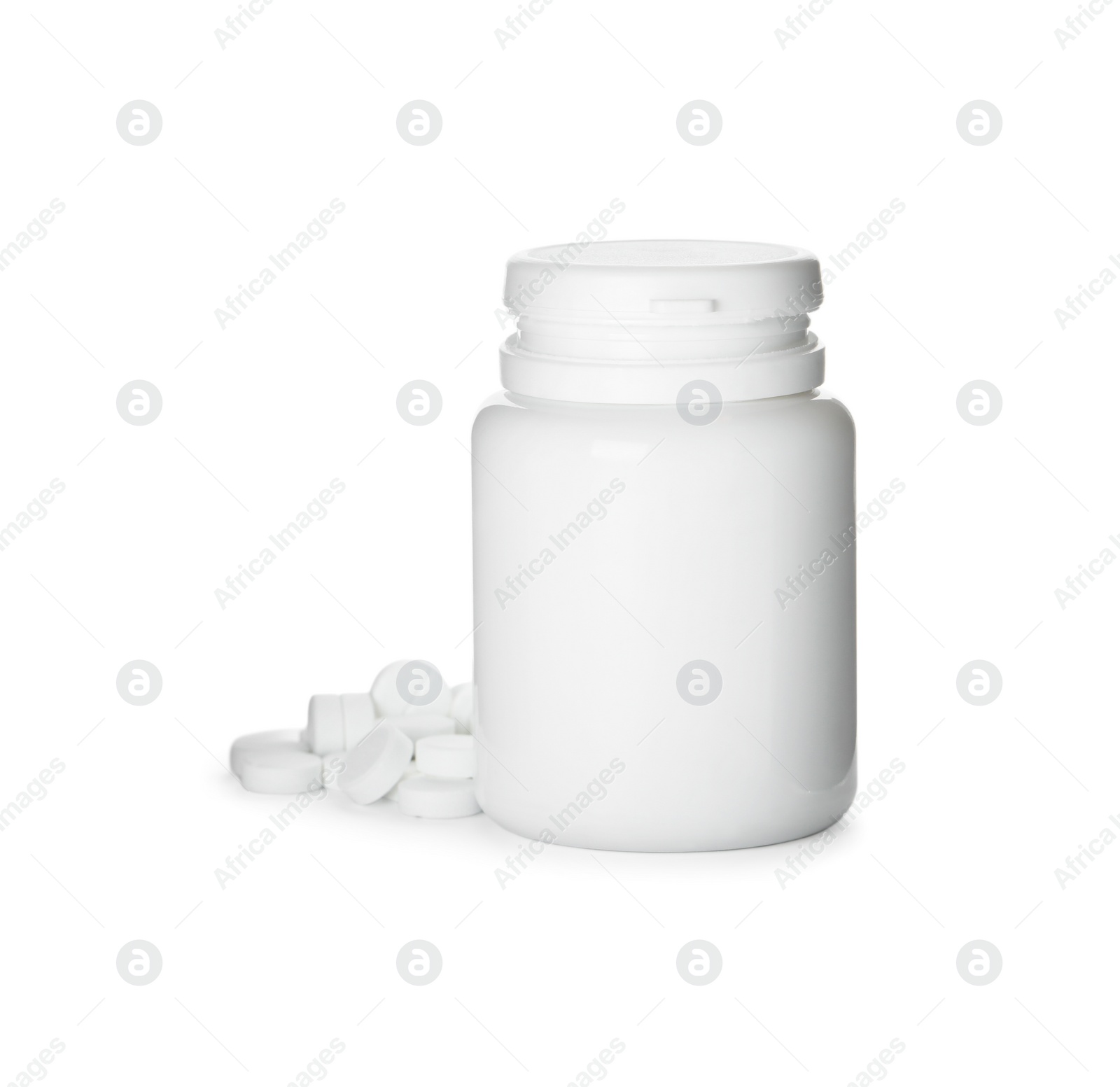Photo of Plastic bottle with pills on white background