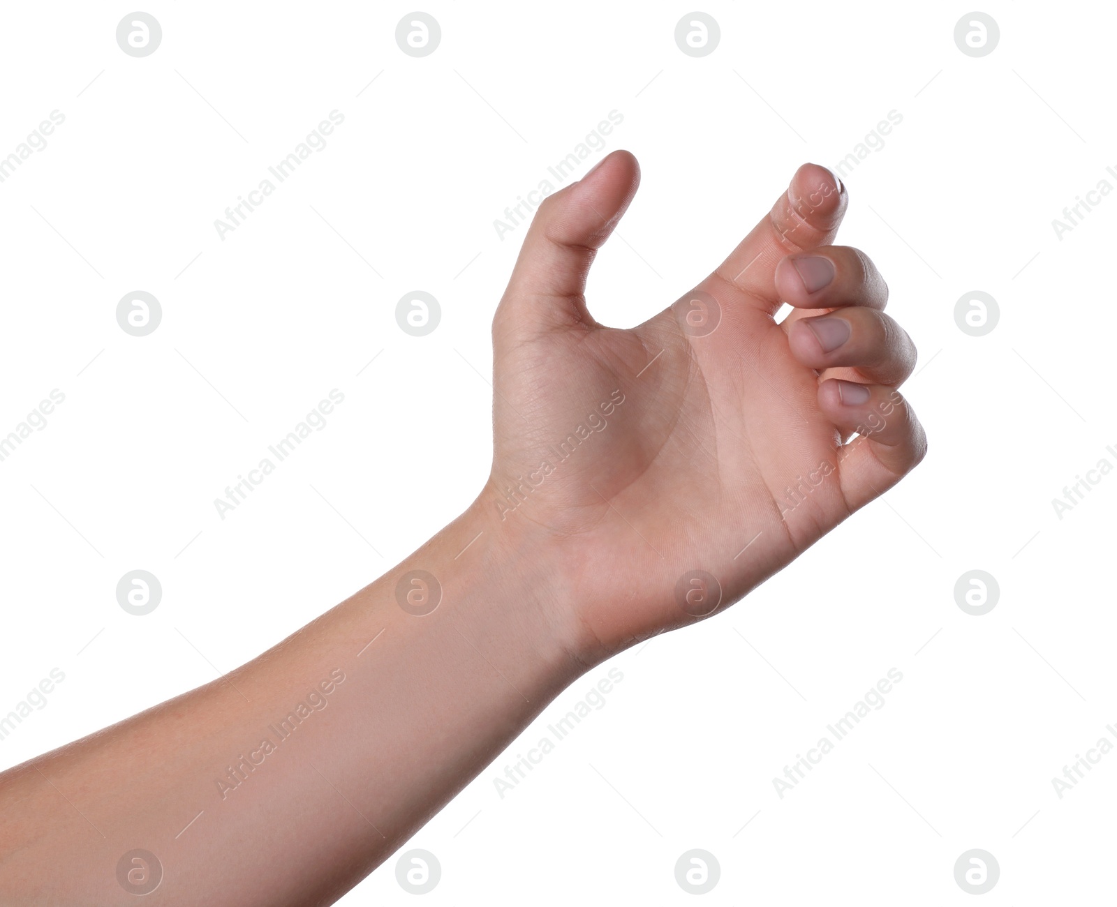 Photo of Man holding something on white background, closeup of hand