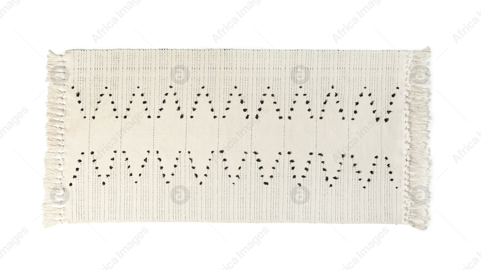 Photo of Light rug with tassels isolated on white, top view