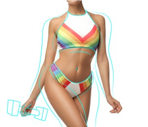 Image of Slim woman in swimsuit on white background. Outline with dumbbell as her overweight figure before workout