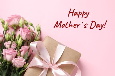 Image of Happy Mother's Day greeting card. Beautiful flowers and gift box on pink background