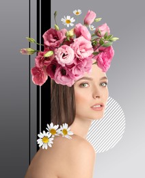 Image of Young woman with beautiful flowers on head against grey background. Stylish creative collage design