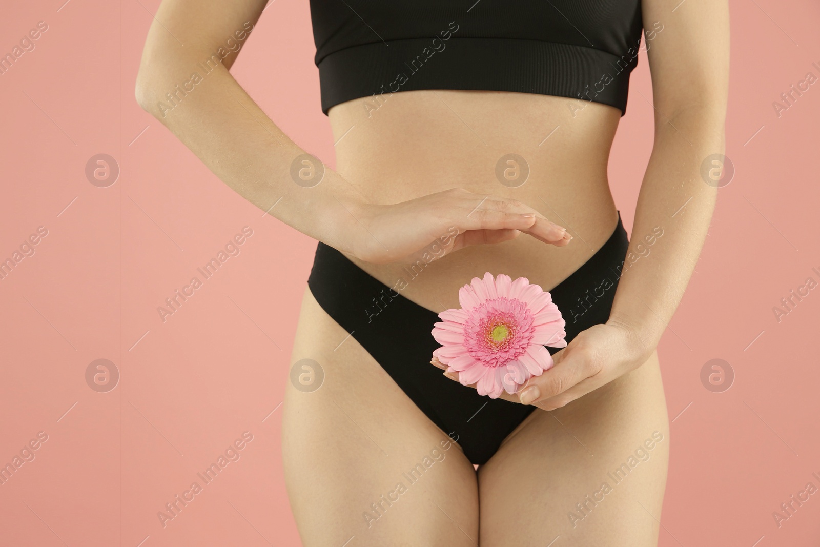 Photo of Gynecology. Woman in underwear with gerbera flower on pink background, closeup