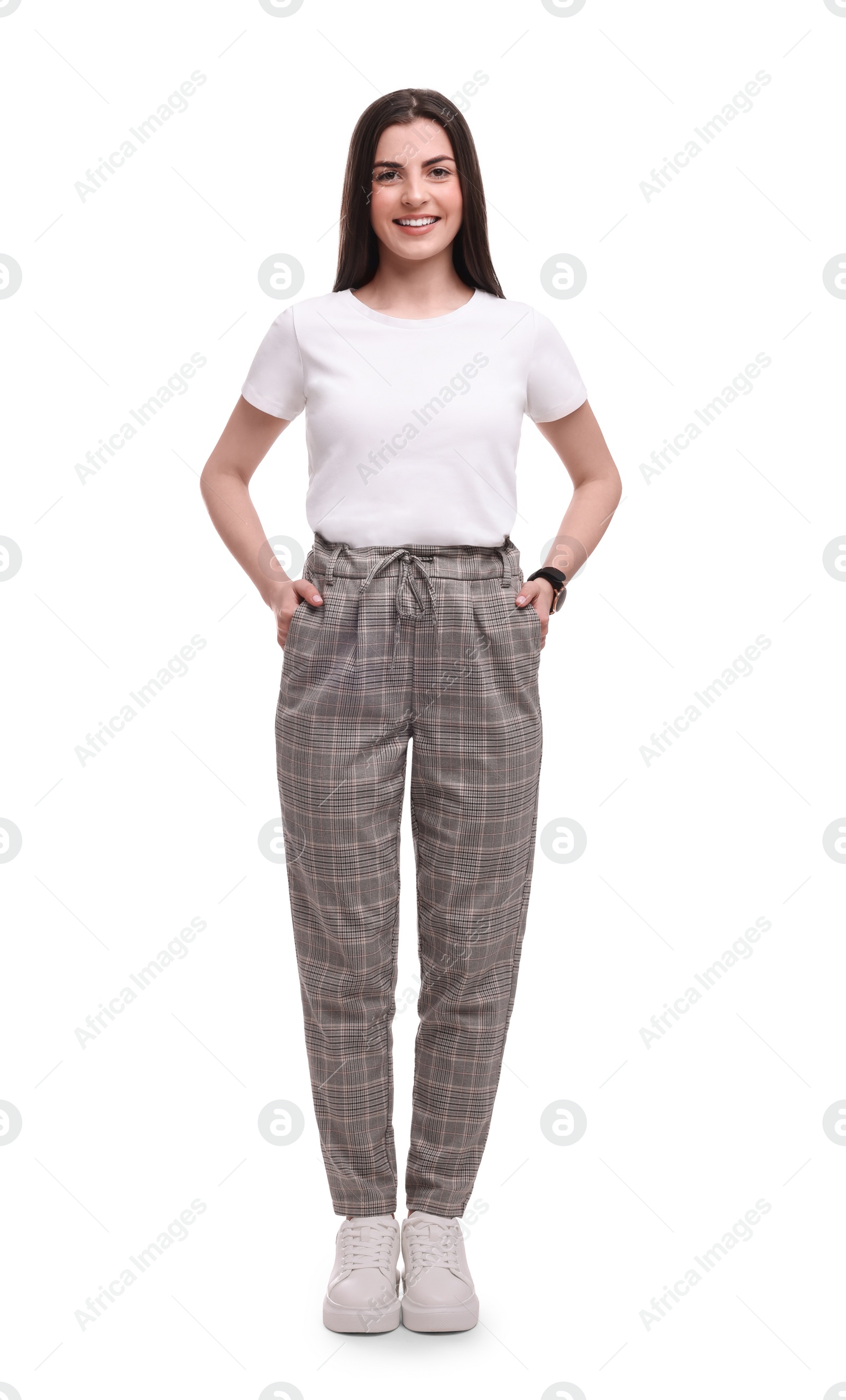 Photo of Beautiful happy businesswoman posing on white background