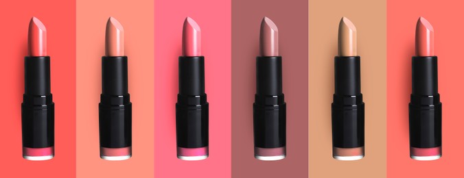 Set with beautiful lipsticks on different color backgrounds. Banner design