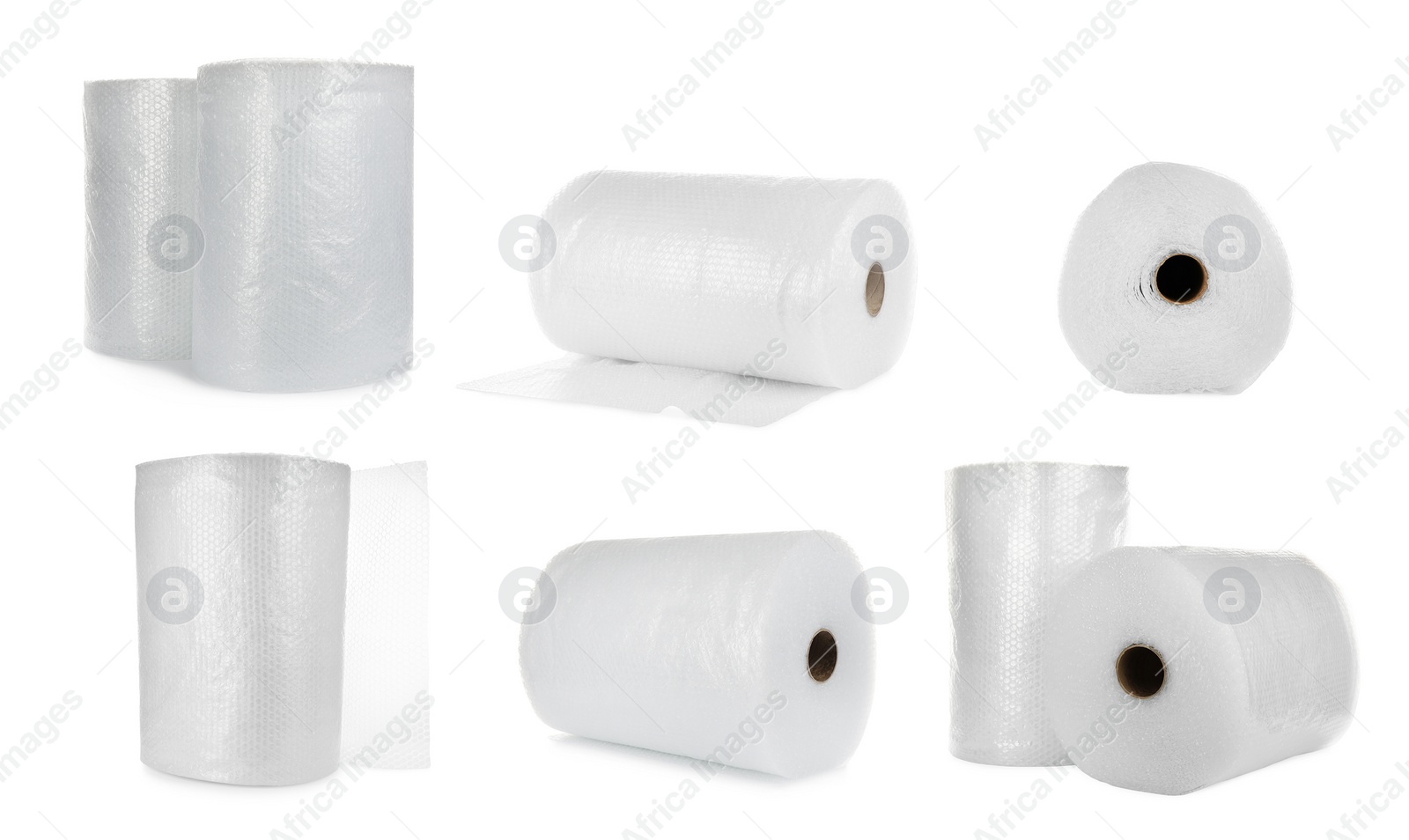 Image of Set with transparent bubble wrap rolls on white background