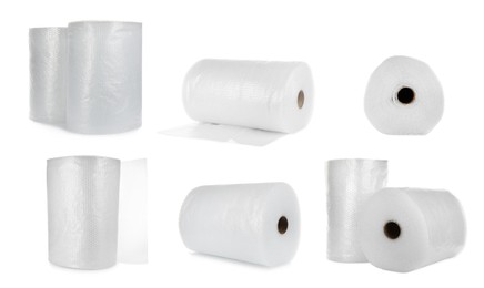 Set with transparent bubble wrap rolls on white background