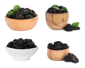 Image of Set with sweet dried prunes on white background 