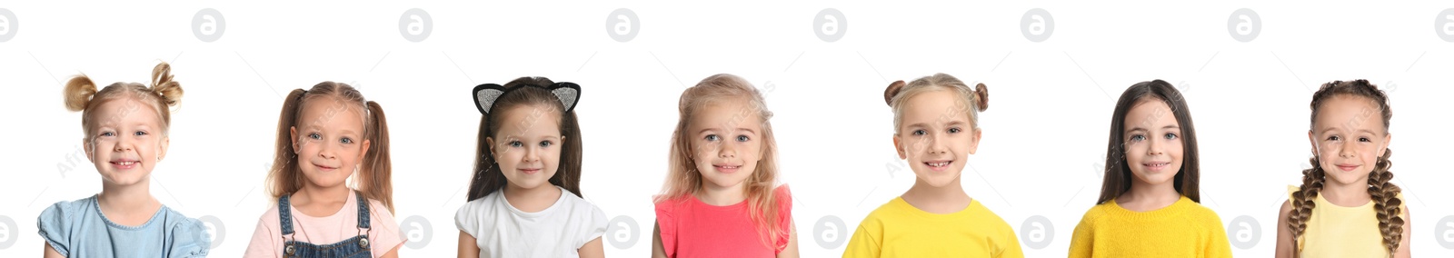 Image of Collage with photos of different cheerful girls on white background
