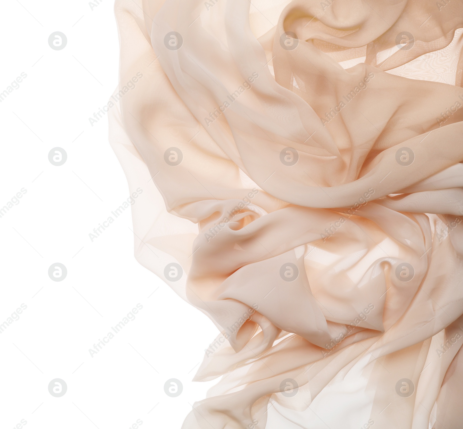 Photo of Beautiful colorful tulle fabrics on white background, top view. Space for text