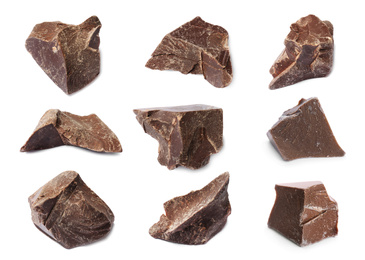 Image of Set with delicious dark chocolate chunks on white background