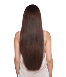 Young woman with healthy strong hair on white background, back view