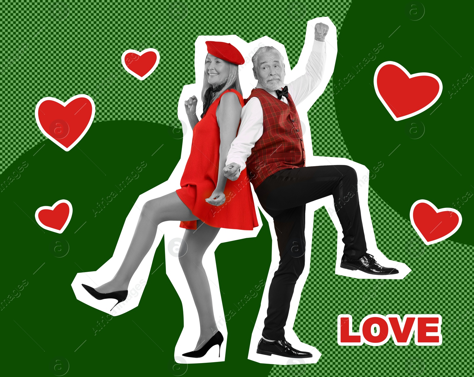 Image of Happy couple dancing on bright background. Creative collage with stylish mature man and woman. Concept of music, energy, party, fashion, lifestyle