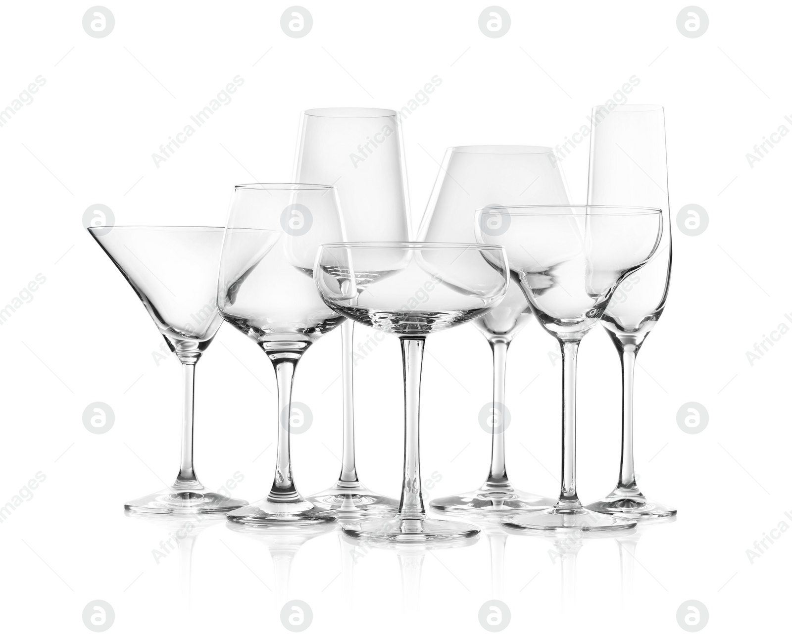 Photo of Set of new bar glassware on white background