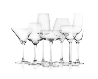 Set of new bar glassware on white background