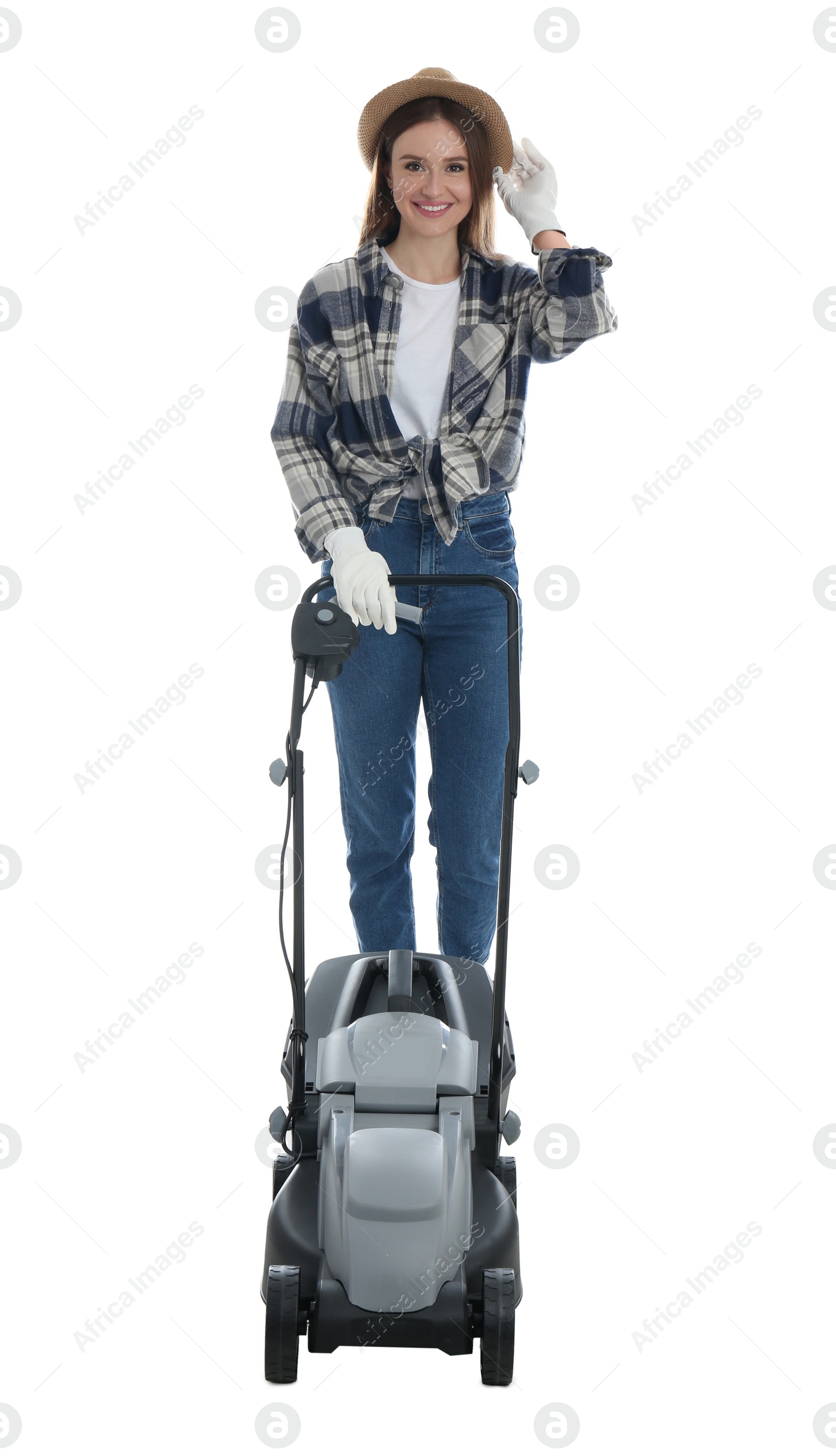 Photo of Young woman with modern lawn mower on white background