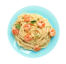 Plate with spaghetti and shrimps on white background, top view