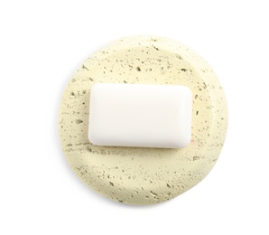 Photo of Pumice and soap bar on white background, top view