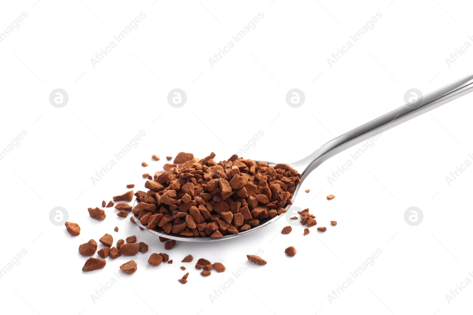 Photo of Spoon with aromatic instant coffee isolated on white