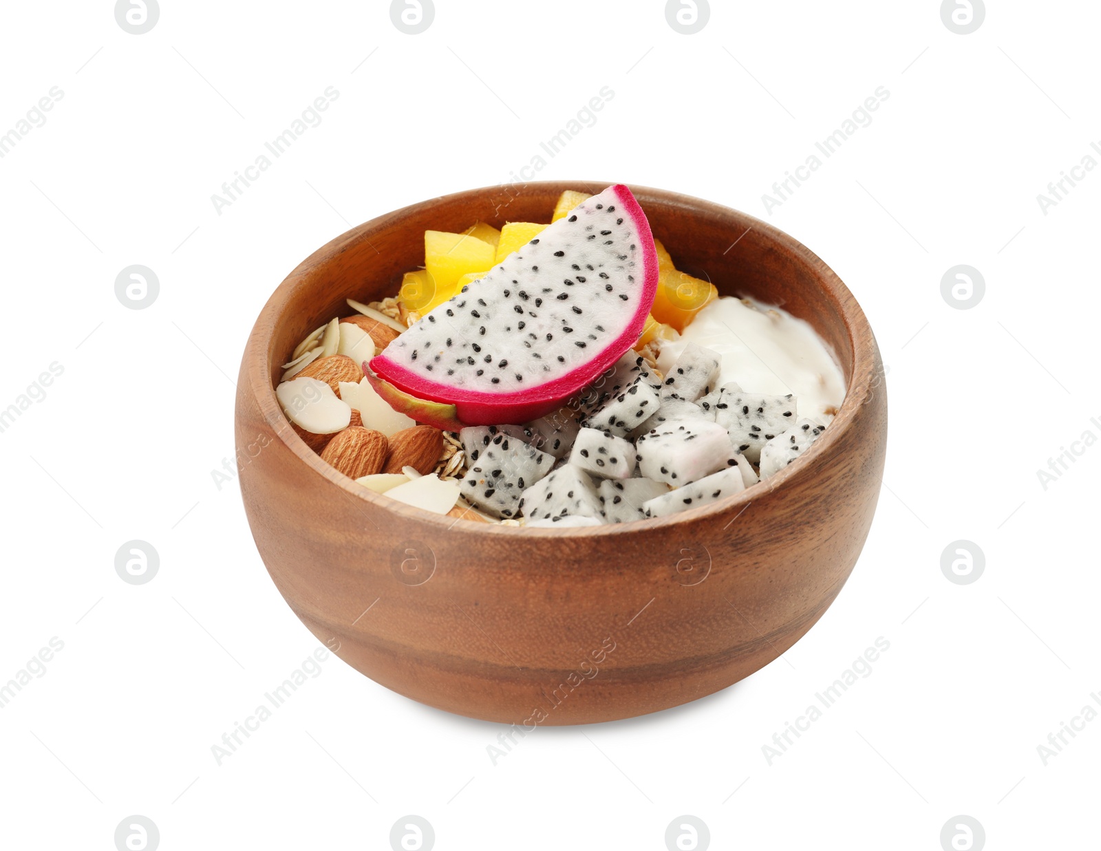 Photo of Bowl of granola with pitahaya, mango, almonds and yogurt isolated on white