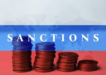 Economic sanctions against Russia because of invasion in Ukraine. Stacked coins on table, illustration of world map and Russian flag. Multiple exposure