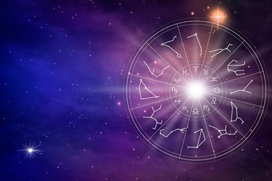 Zodiac wheel with twelve signs on starry sky background, space for text. Horoscopic astrology